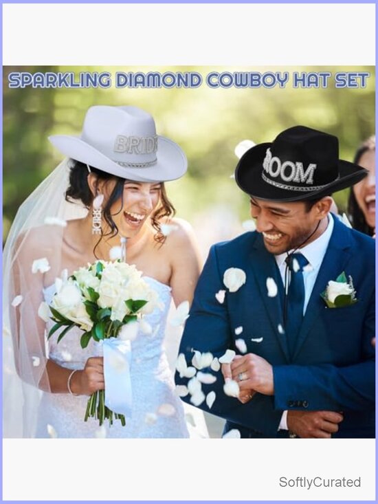 Bride and Groom Rhinestone Cowboy Hat Set with Veil, Earrings & Sunglasses for main image 6